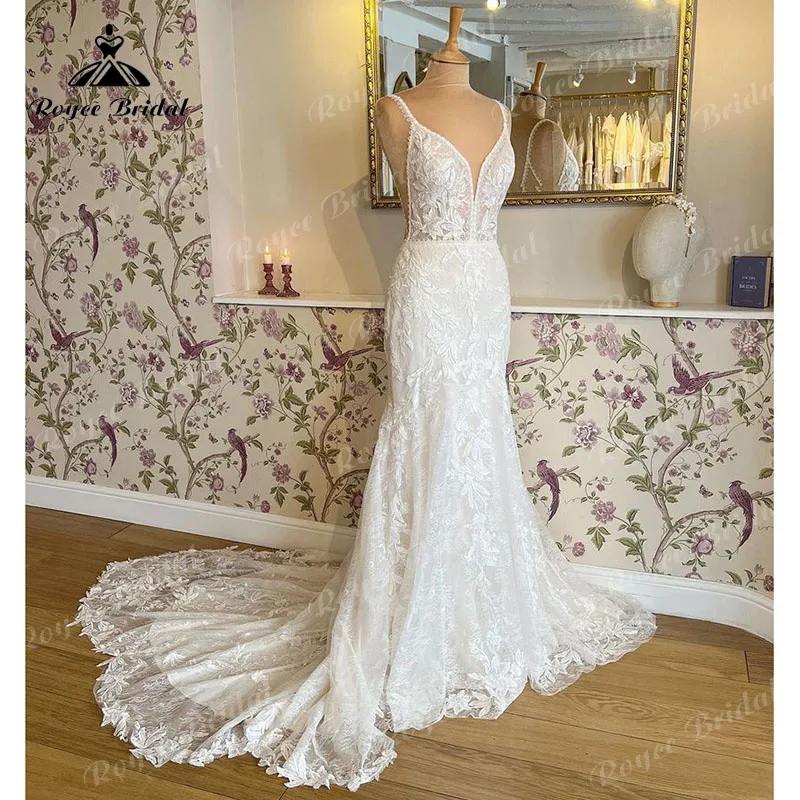

vestidos Mermaid Spaghetti Straps Wedding Dress Lace Applique Backless V Neck Court Train Trumpet vestido de boda corte sirena