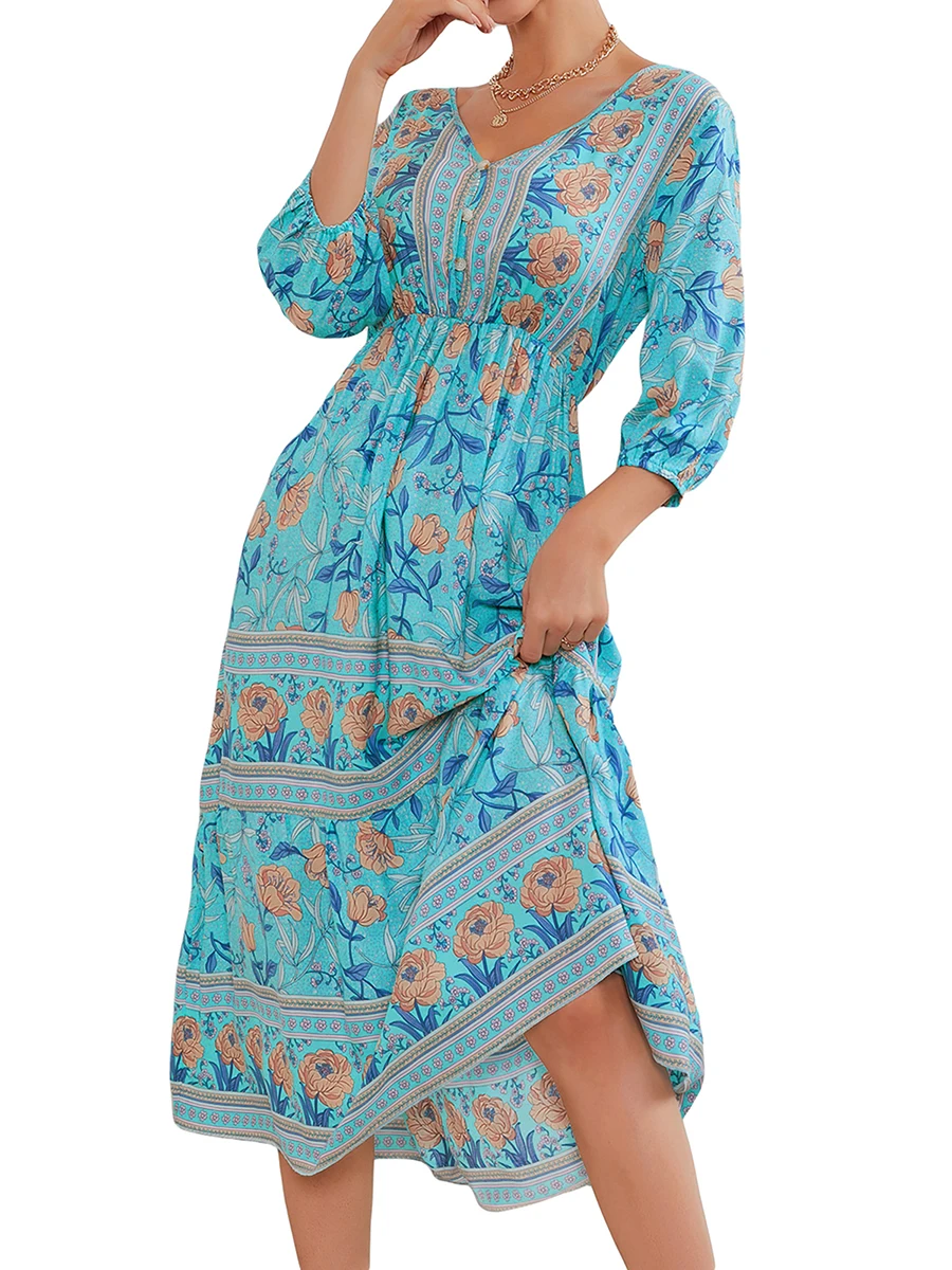 

Women s Floral Boho Dress Casual Bohemian Dress Vacation Floral Printed Half Sleeve V-Neck Midi Dress