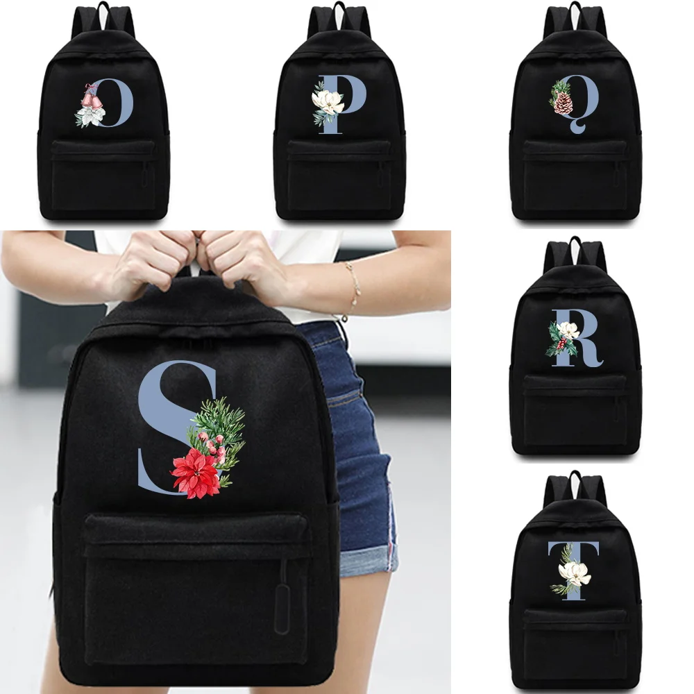 

Casual Travel Backpack Student School Bag Large Capacity Laptop Rucksack Canvas Blue Letter Print Zipper Organizer Shoulder Bags