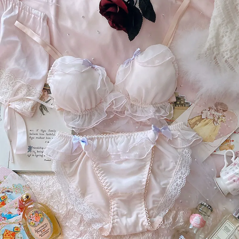Girl lolita simple bra panties set cute pure desire bralette lingerie with underpants suit no steel ring triangle cup bra set