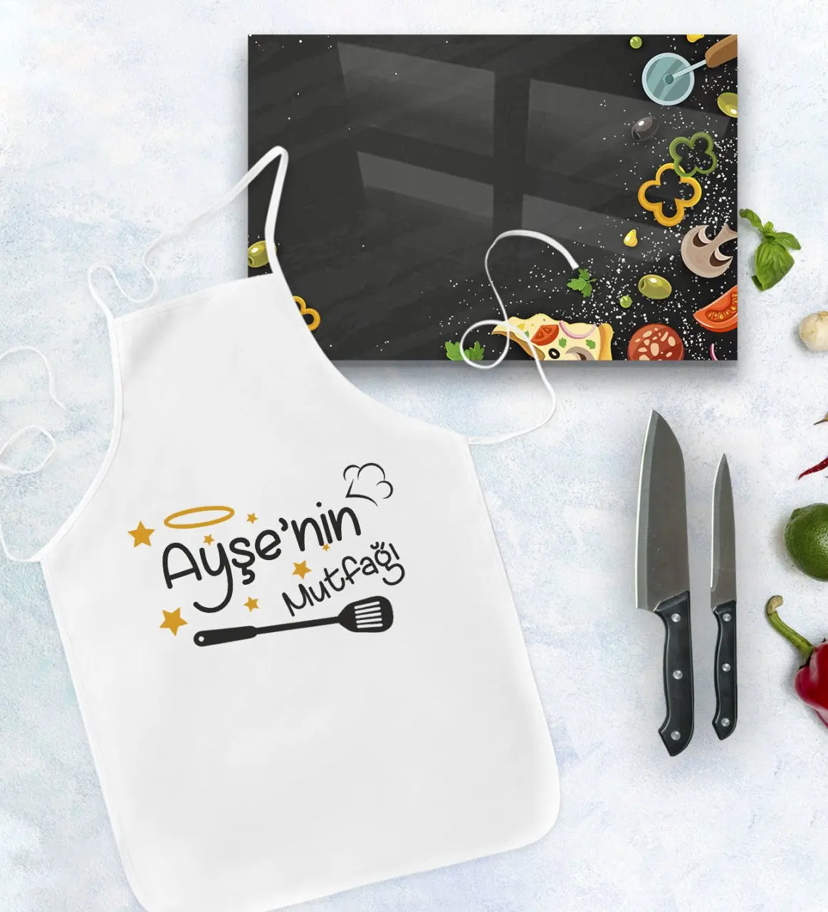 

Personalized kitchen apron and glass cutting tray gift set Model 3