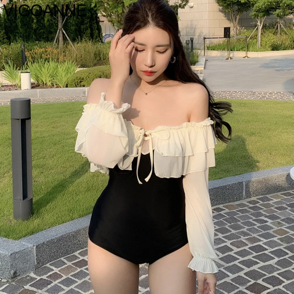 

Однотонный сетчатый купальник VigoAnne с длинным рукавом, женский сексуальный сплошной купальник пуш-ап 2023, корейское Монокини, пляжный купальный костюм