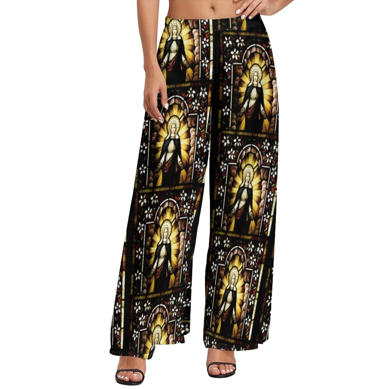 

Blessed Virgin Mary Straight Pants of Stars Office Wide Pants Women Oversized Street Wear Printed Trousers