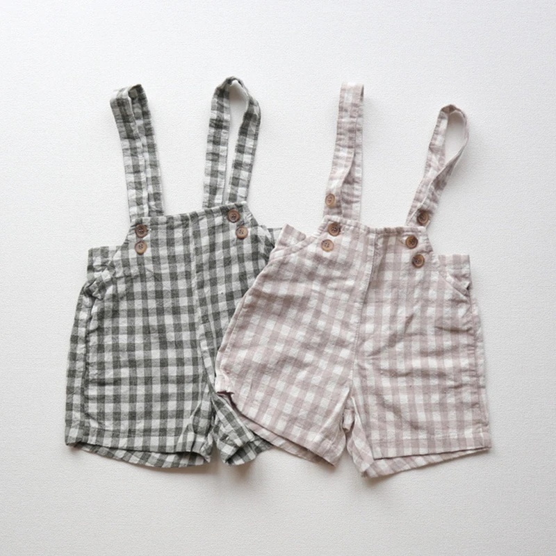 

Шорты на лямках для маленьких девочек FINEPAT, весенне-летние клетчатые повседневные короткие штаны на лямках для младенцев, хлопковая детская одежда, комбинезоны для мальчиков