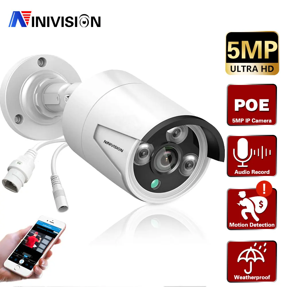 

5MP POE Wired IP Camera Outdoor Audio Record POE Waterproof H.265 Security Surveillance Bullet CCTV Camera Motion Detection Cam