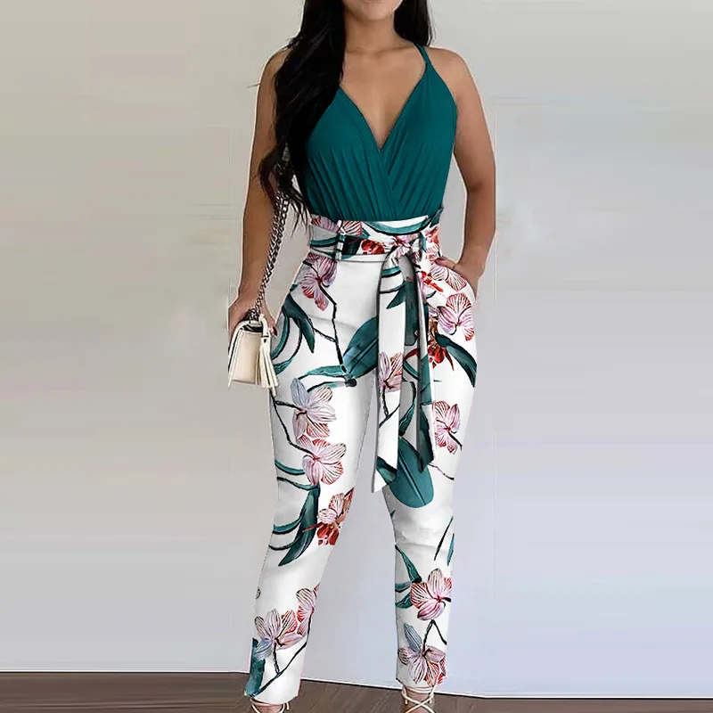

Sexy V Neck Suspenders Jumpsuit Women Print Bodysuit Fashion Pocket Elegant Strappy Solid Casual Rompers Female