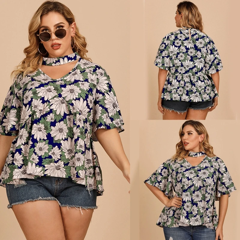 

L5YA Lotus Leaf Sleeves Blouse Tops for Women Plus Size Floral Halter Neck T-shirts
