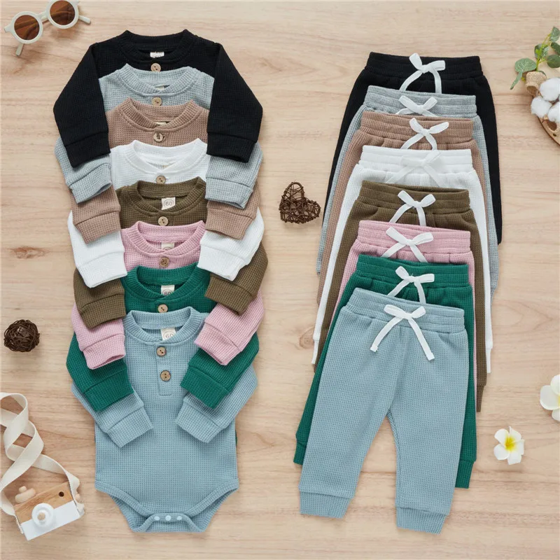 

Fashion Kids Clothes Set Toddler Knit Baby Boy Girl Long Sleeve Button Romper Tops Pants Newborn Infant Autumn Winter Outfit