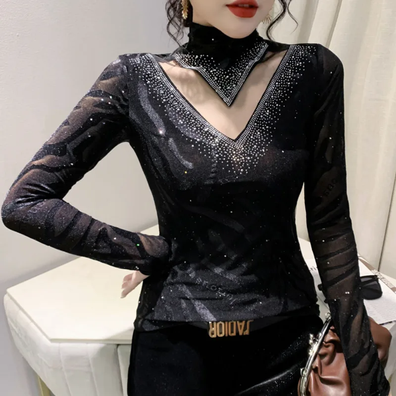 

#8312 Black Purple Mesh Long Sleeve T Shirt Women Hollow Out Tight T-shirt Female Korean Style Turtleneck Tee Shirt Femme Sexy