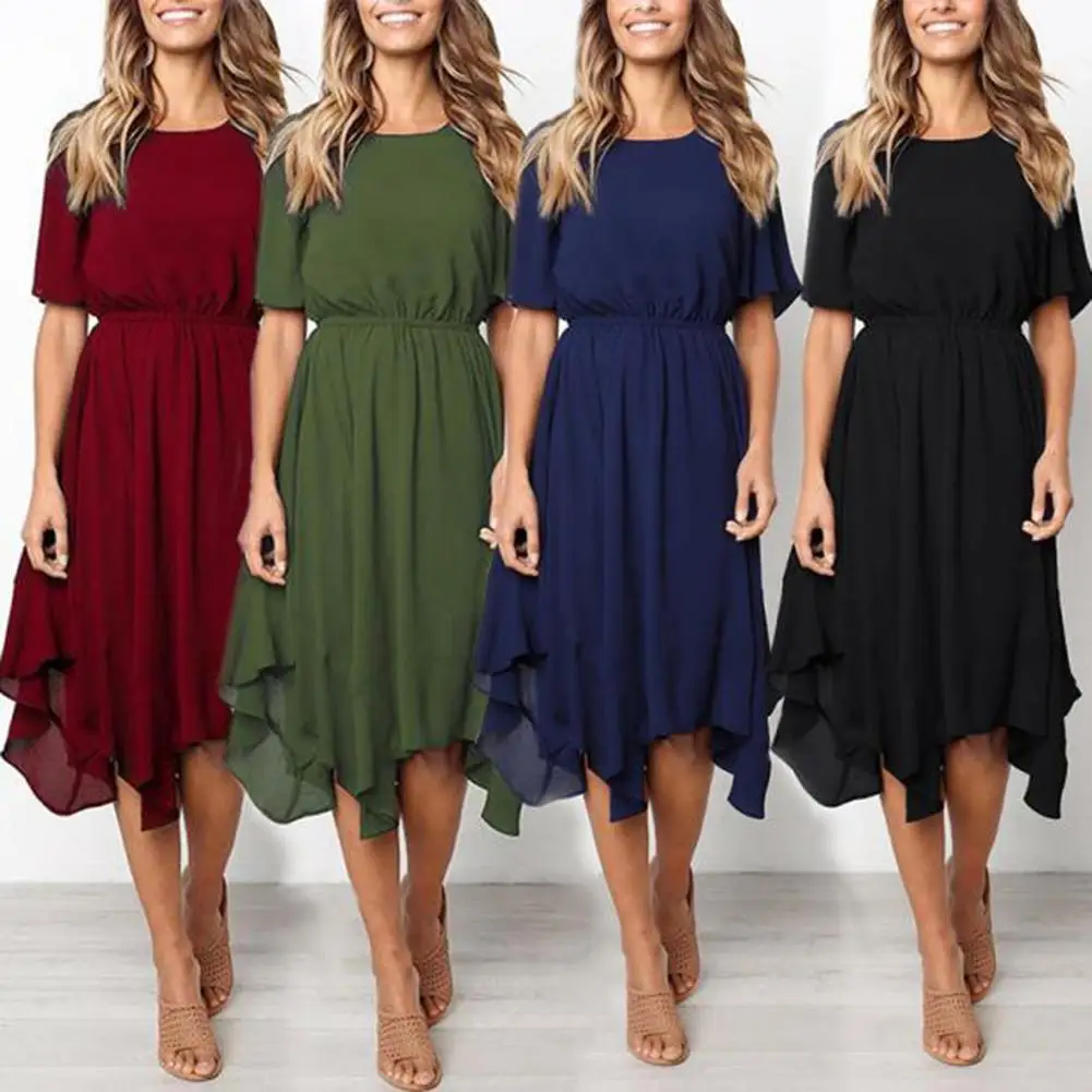 

Tight Waist Short Sleeve Round Neck Midi Dress Party Vestidos Elegant Women Dress Fashion Summer Lady Solid Color Irregular