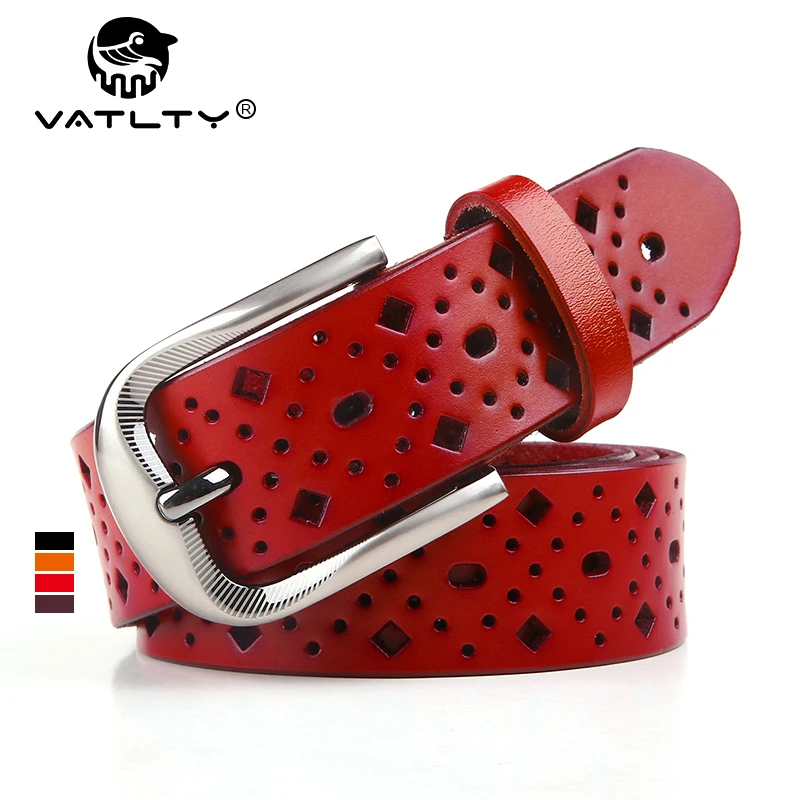 VATLTY 95cm-115cm Red Leather Belt for Women Natural Cowhide Hard Alloy Fashion Brown Belt Female 32mm Hollow Jeans Belt Girdles