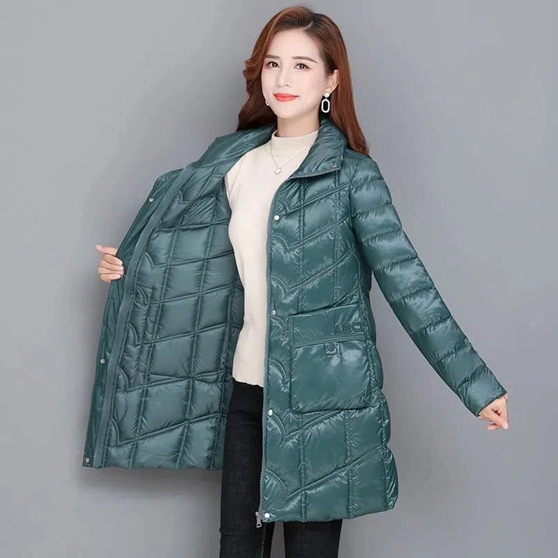 

Glossy Winter Coat 6XL Womens Slim Waist Cotton padded Jacket Warm Parkas Outwear Fashion Casual Female Long Stand Collar Coats