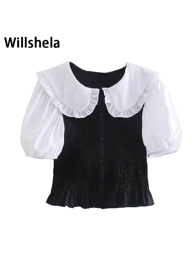 

Willshela Women Fashion Patchwork Single Breasted Blouse Vintage Short Puff Sleeves Peter Pan Collar Female Chic Lady Shirts