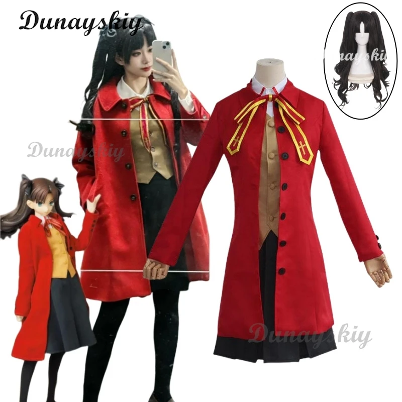 Аниме игра Fate/stay Night Tohsaka Rin Косплей Костюм Парик Красный Длинное Пальто Школьная