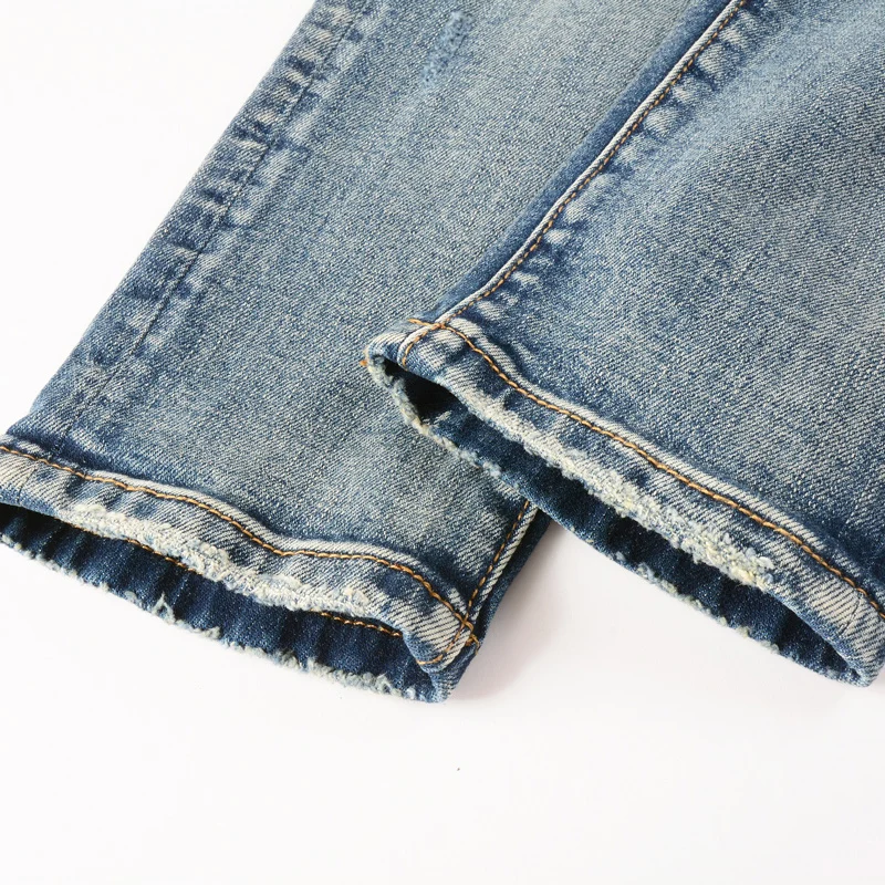 Fashion Streetwear Men Jeans Retro Light Blue Stretch Slim Fit Hole Ripped Jeans Men Brand Patch Designer Hip Hop Pants Hombre