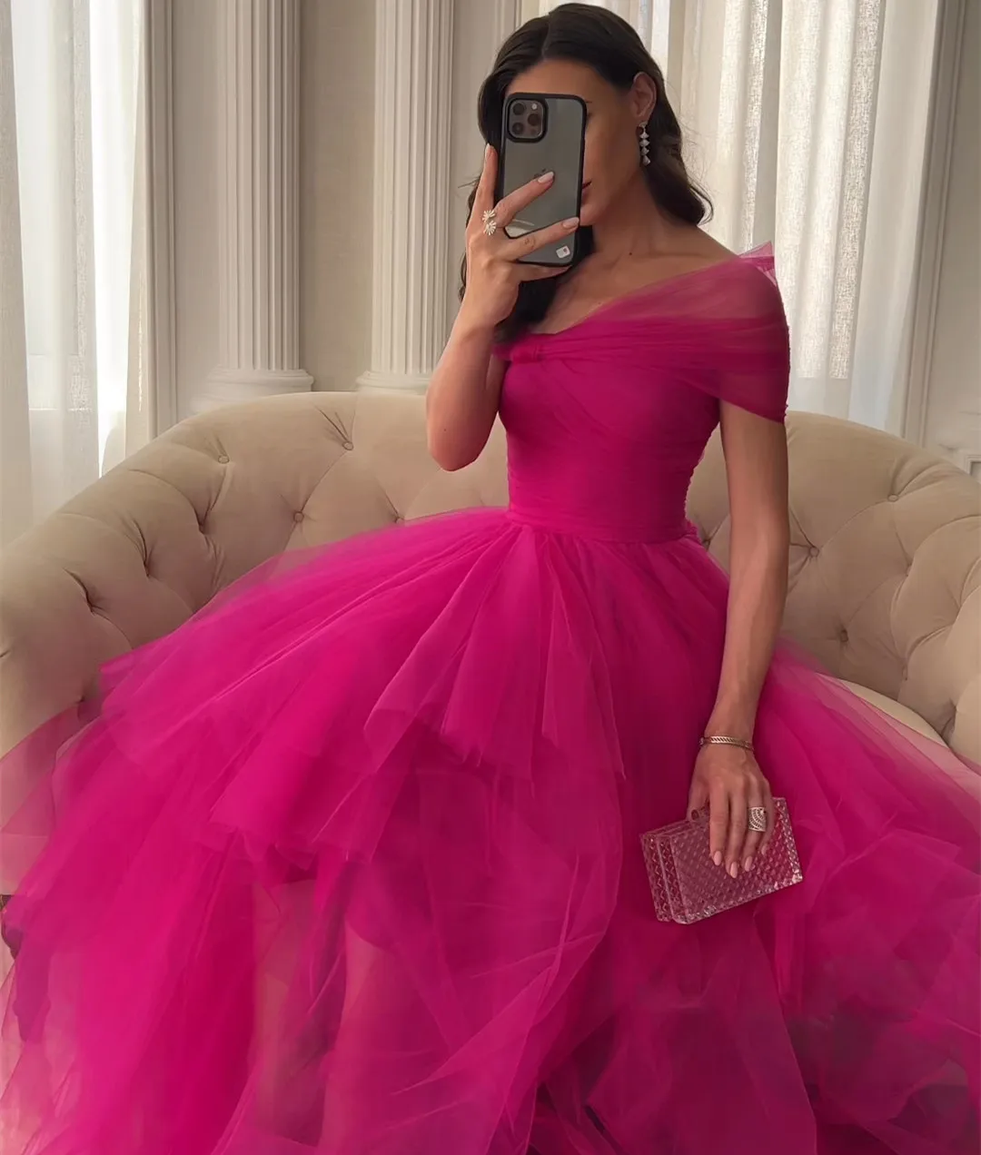 

Elegant Long Off Shoulder Tulle Evening Dresses إفننغ دريسس A-Line Floor Length Prom Dress Robes de Soirée for Women Party Gowns