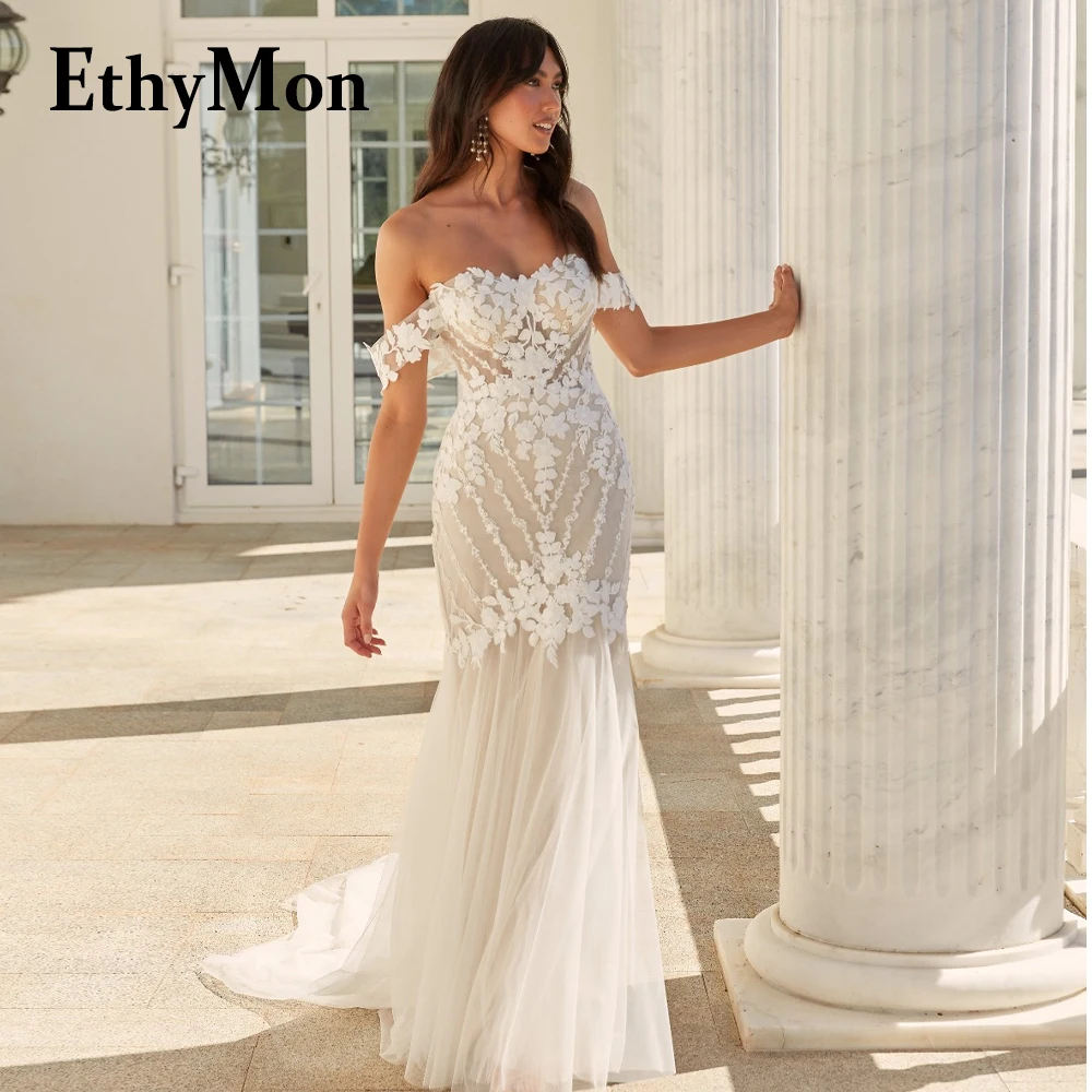 

Ethymon Off The Shoulder Sweetheart Mermaid Wedding Gown Sleeveless For Bride Vestido De Casamento Made To Order Floral Print