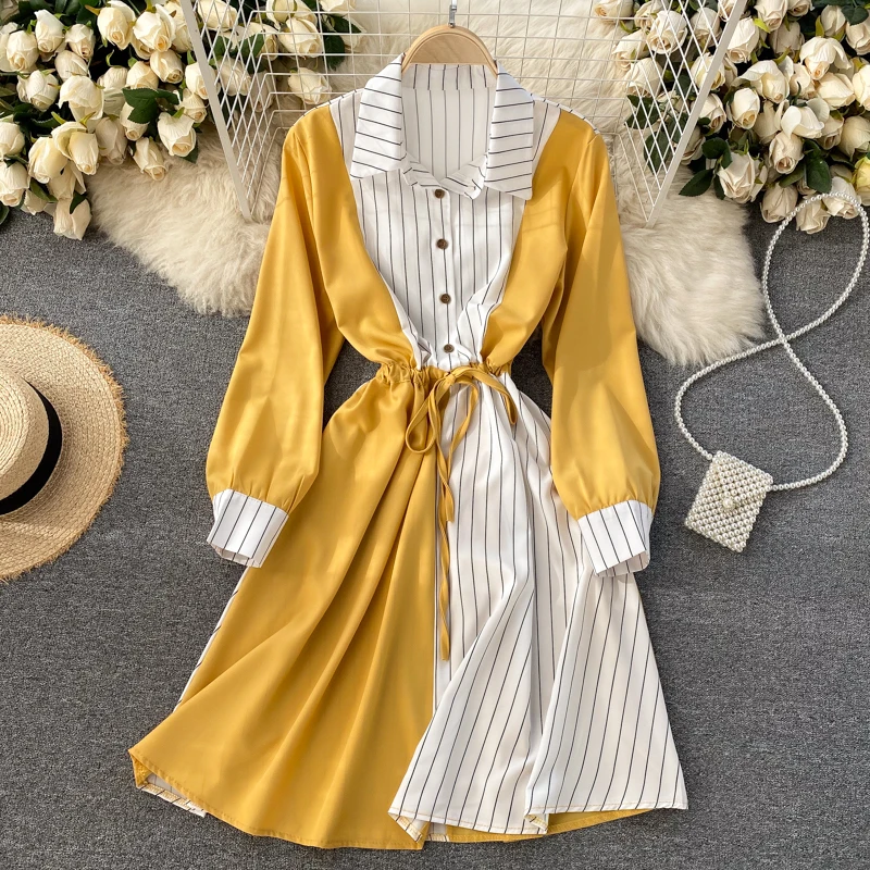

New Spring Summer Striped Print Patchwork Long Sleeve Shirt Dress Women Casual Buttons Lace-up Sash A-line OL Work Dress