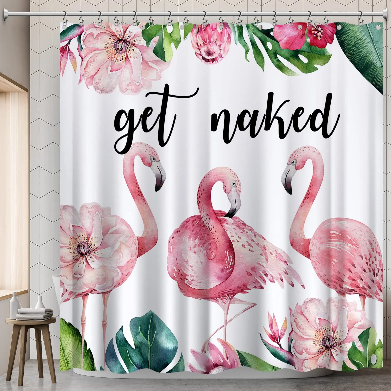 

Shower Curtains for Bathroom Botanical Shower Curtain Set with Hook Leaf Bathroom Decor Waterproof Tropical Green Leaf Flamingo