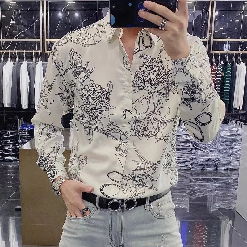 2022 Autumn Vintage Flower Print Shirts for Men Long Sleeve Loose Casual Shirt Shoulder Slip Business Social Party Tuxedo Blouse