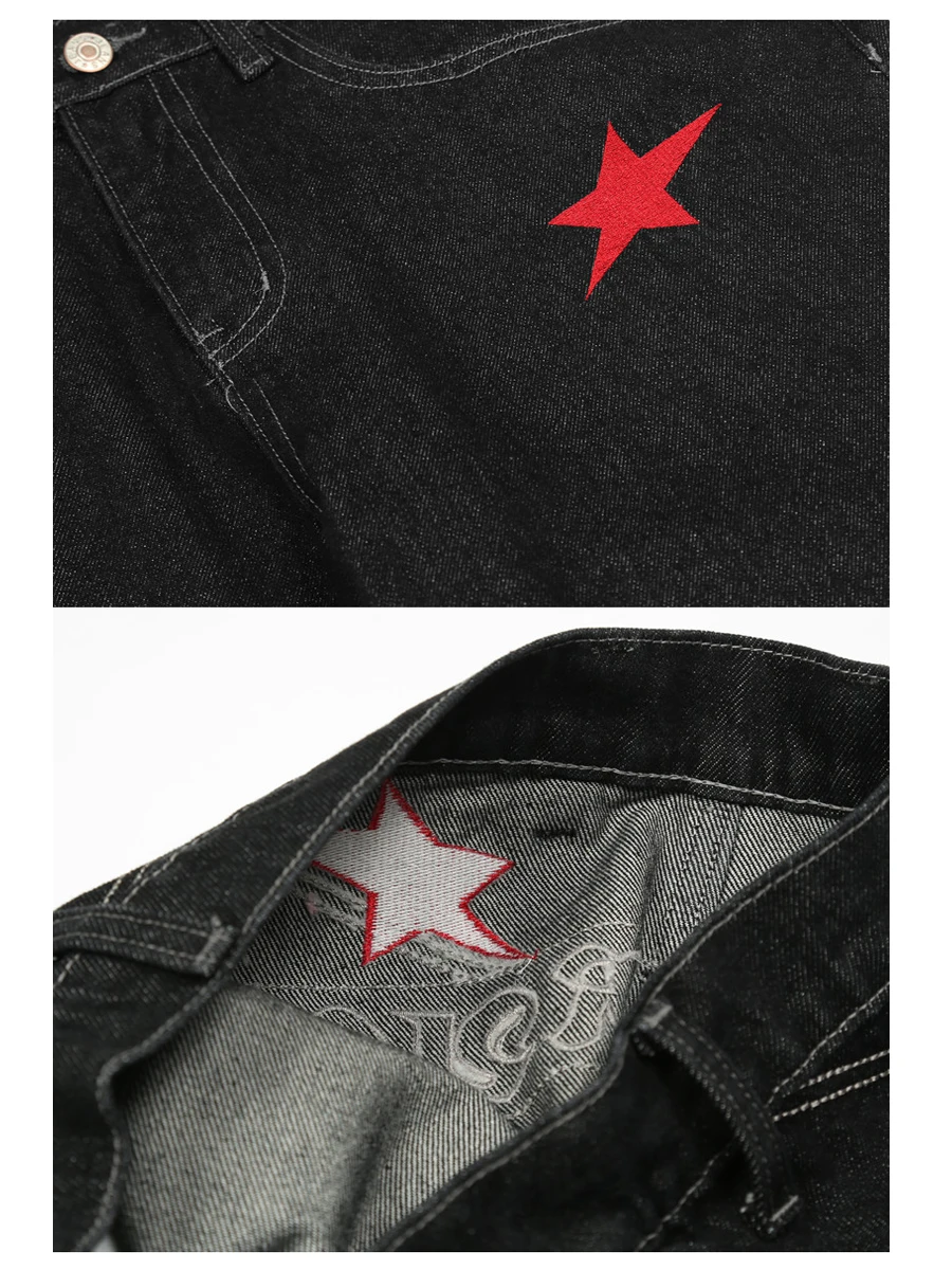 Four Seasons Star Letter Embroidery Black Hip Hop Men's Straight Jeans Trousers Street Men Loose Jeans New Fashion Spodnie JEANS