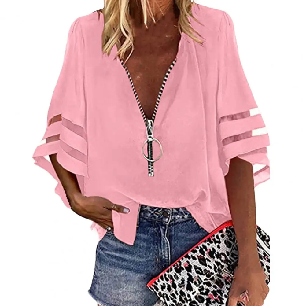 

Women Summer T-shirt Patchwork Women Summer Top Horn Sleeves Lady Shirt
