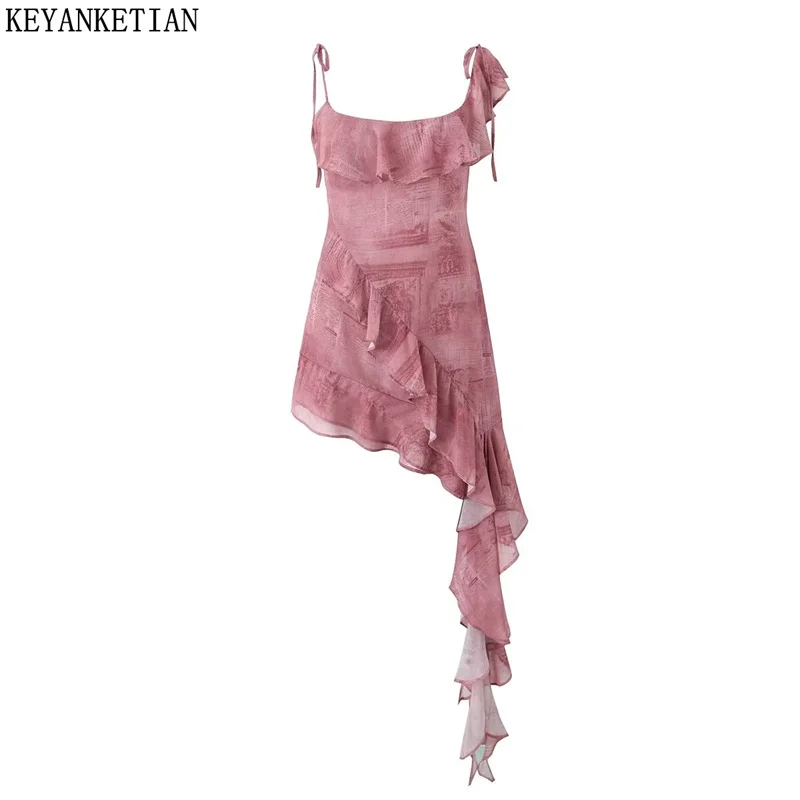 Новинка 2024 женское платье-футляр KEYANKETIAN с принтом в стиле ретро асимметричное