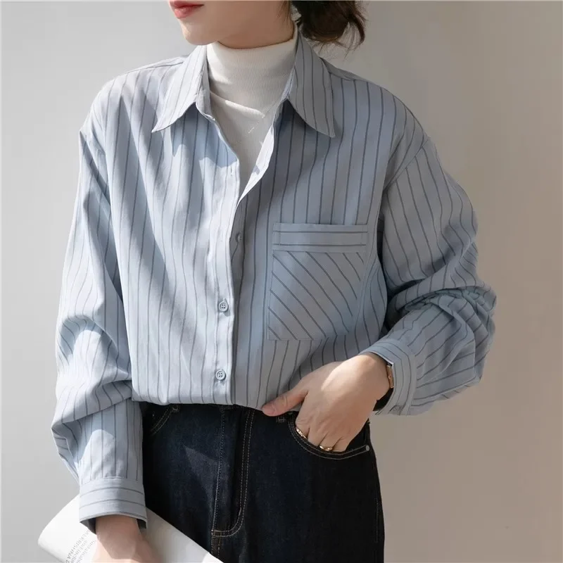 Осенняя элегантная синяя полосатая рубашка с длинным рукавом шикарная свободная