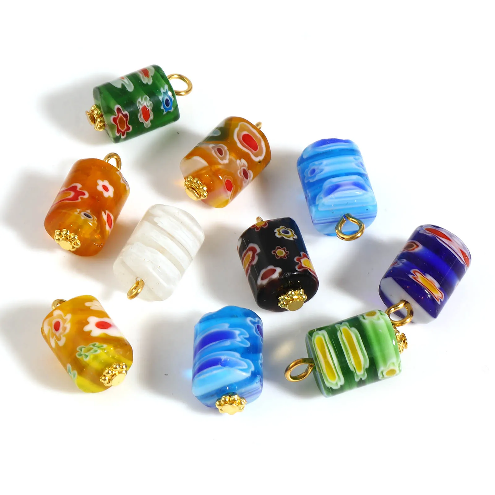 

Bohemian Lampwork Copper Charms At Random Color Cylinder Millefiori Pendants DIY Making Earrings Jewelry Gifts 17mm x 10mm,10PCs