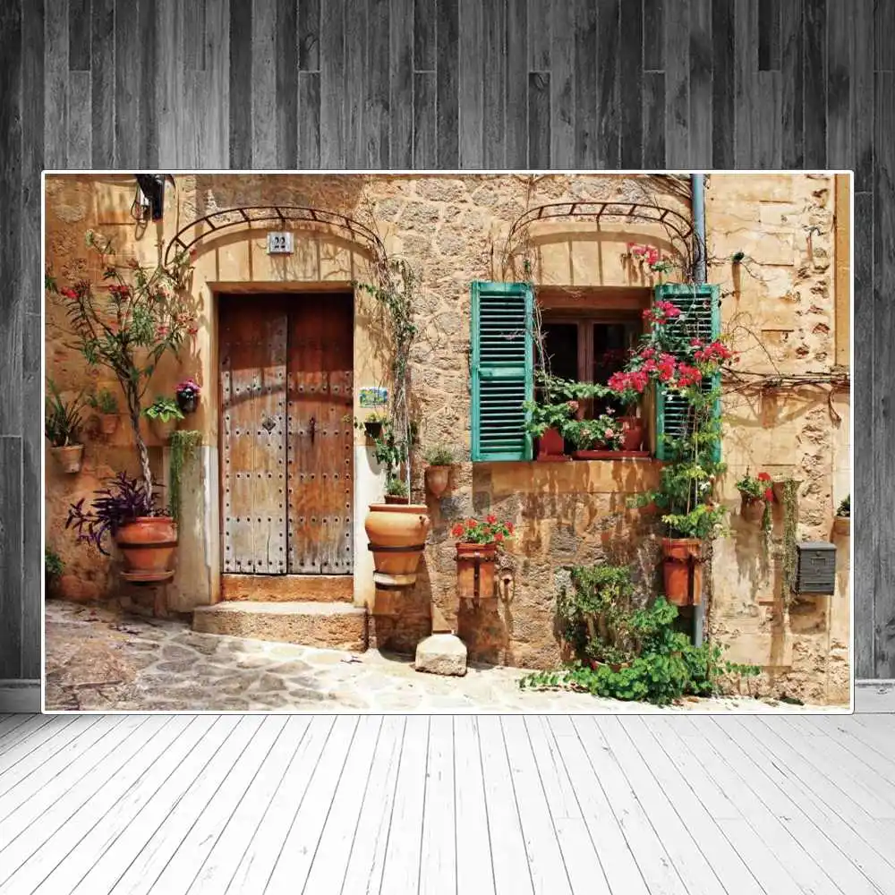 

Old Rural House Photography Backdrops Retro Town Porch Yard Flower Alley Corridor Resort Photographic Backgrounds Portrait Props