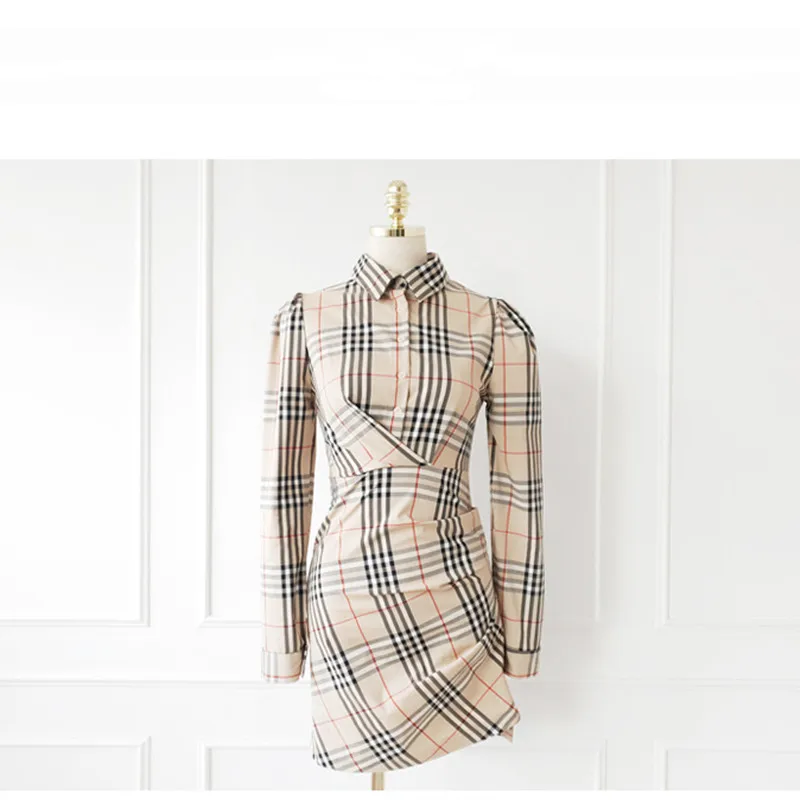Высококачественная облегающая клетчатая юбка-рубашка с воротником-лодочкой