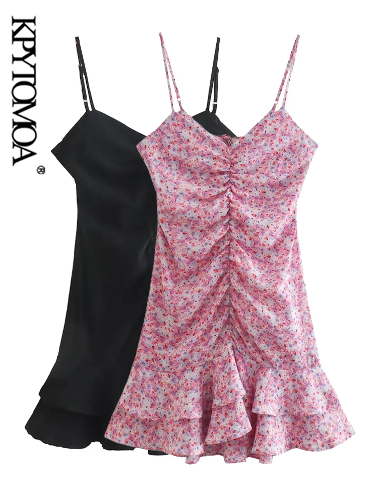 

KPYTOMOA, женское модное платье с принтом, с оборками, винтажное мини-платье с открытой спиной и тонкими бретельками, женские платья, Vestidos Mujer