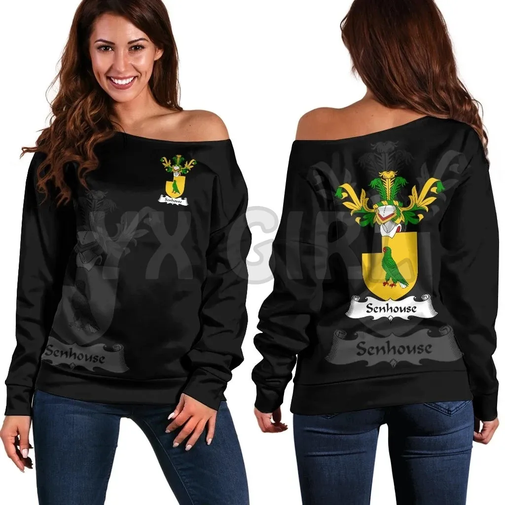 YX GIRL Senhouse Family Crest Women's Off Shoulder Sweater  3D Printed Novelty Women Casual Long Sleeve Sweater Pullover