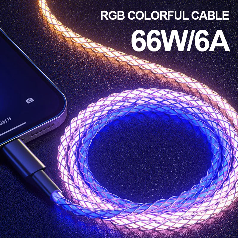 

Светодиодный светящийся кабель типа C 6A 66 Вт, супер Зарядка для Huawei P50 5A, шнур для быстрой зарядки Micro USB C для Samsung Xiaomi Oneplus