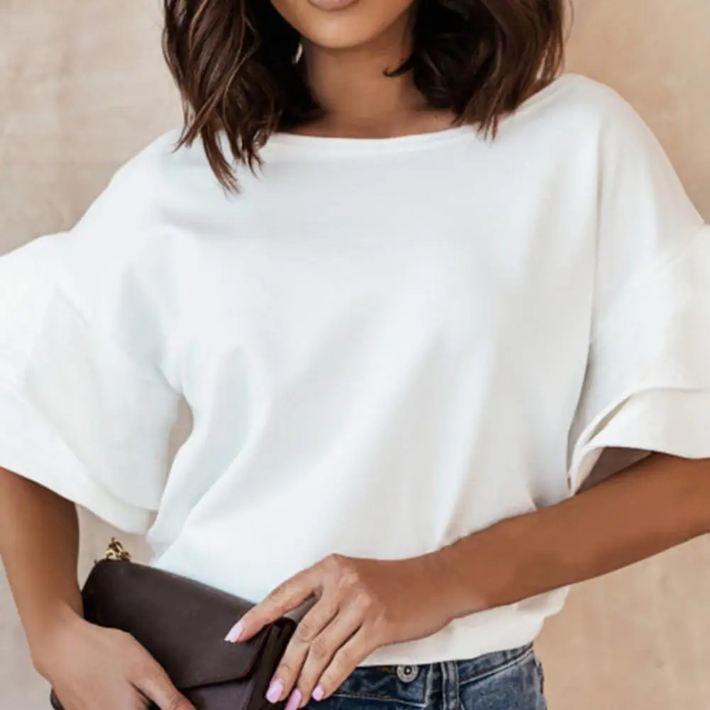 

Women T-shirt Round Neck Flare Sleeve Solid Color Summer Loose Lady Casual Pullover Tops Blouse Female Clothing Streetwear