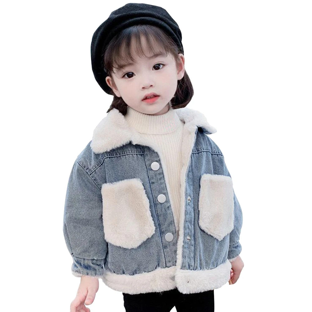 

Baby Girls Denim Jackets Jean Coat Casual Cowboy Outerwear Cotton Long Sleeve Tops Thicken Windproof Clothes Warm Coat 3-8T