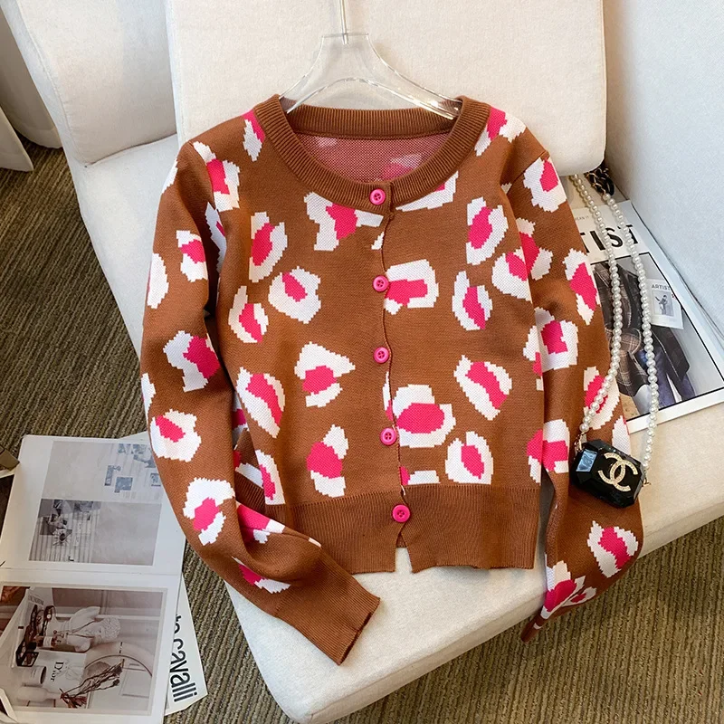 Новое поступление осени 2024 корейский стиль разумный дизайн леопардовый кардиган