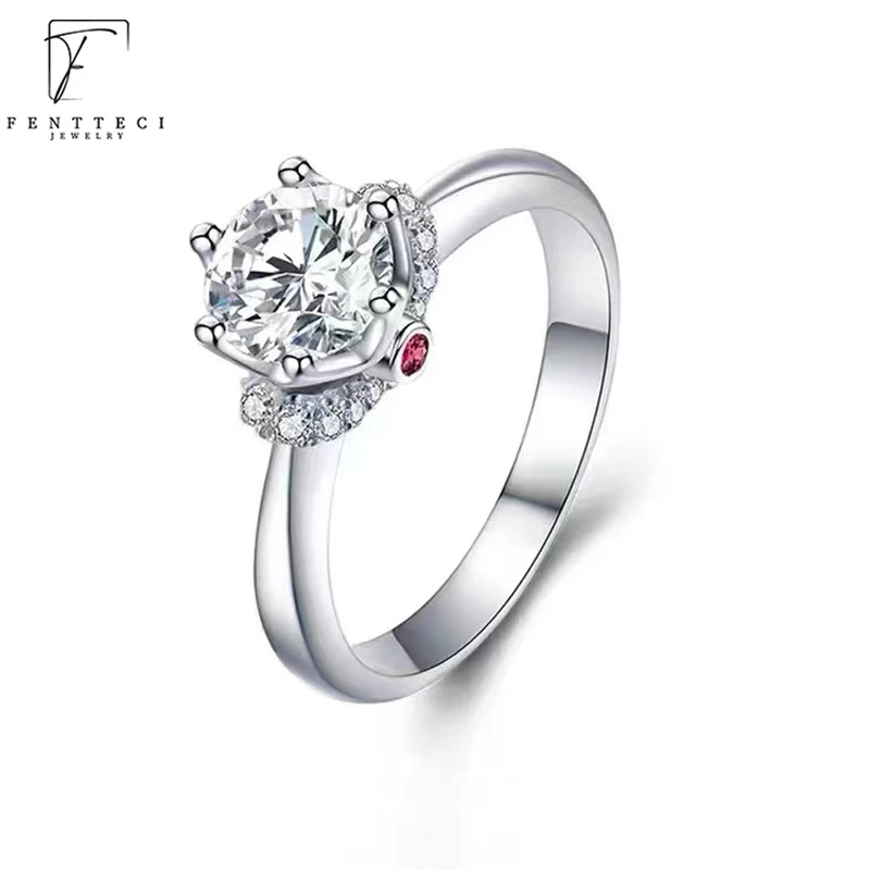 FENTTECI 925 Sterling Silver D Color Moissanite Rose Shape Red Diamond Ring True Love Wedding Proposal Ring for Women Jewelry