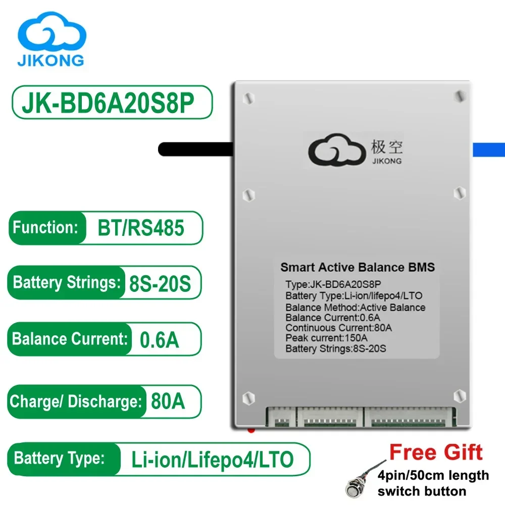 JK BMS Bluetooth JK-BD6A20S8P Smart 0 6 Активный баланс 8-20S Ток непрерывного разряда 80A RS485 для Lifepo4