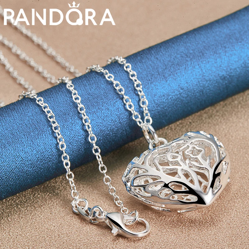 

RAIVDQRA 925 Stamp Silver Necklace For Women 16-30 Inch Chain Hollow Carve Heart Pendant Neck Chain Charm Wedding Jewelry