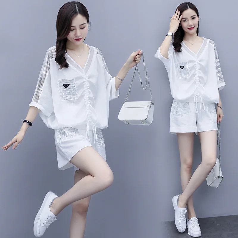 

Solid Tracksuit Women 2 Piece Set Summer Clothes Mesh Patchwork V-Neck Pullover Top and Shorts Suits Casual Women's Sets Outfits