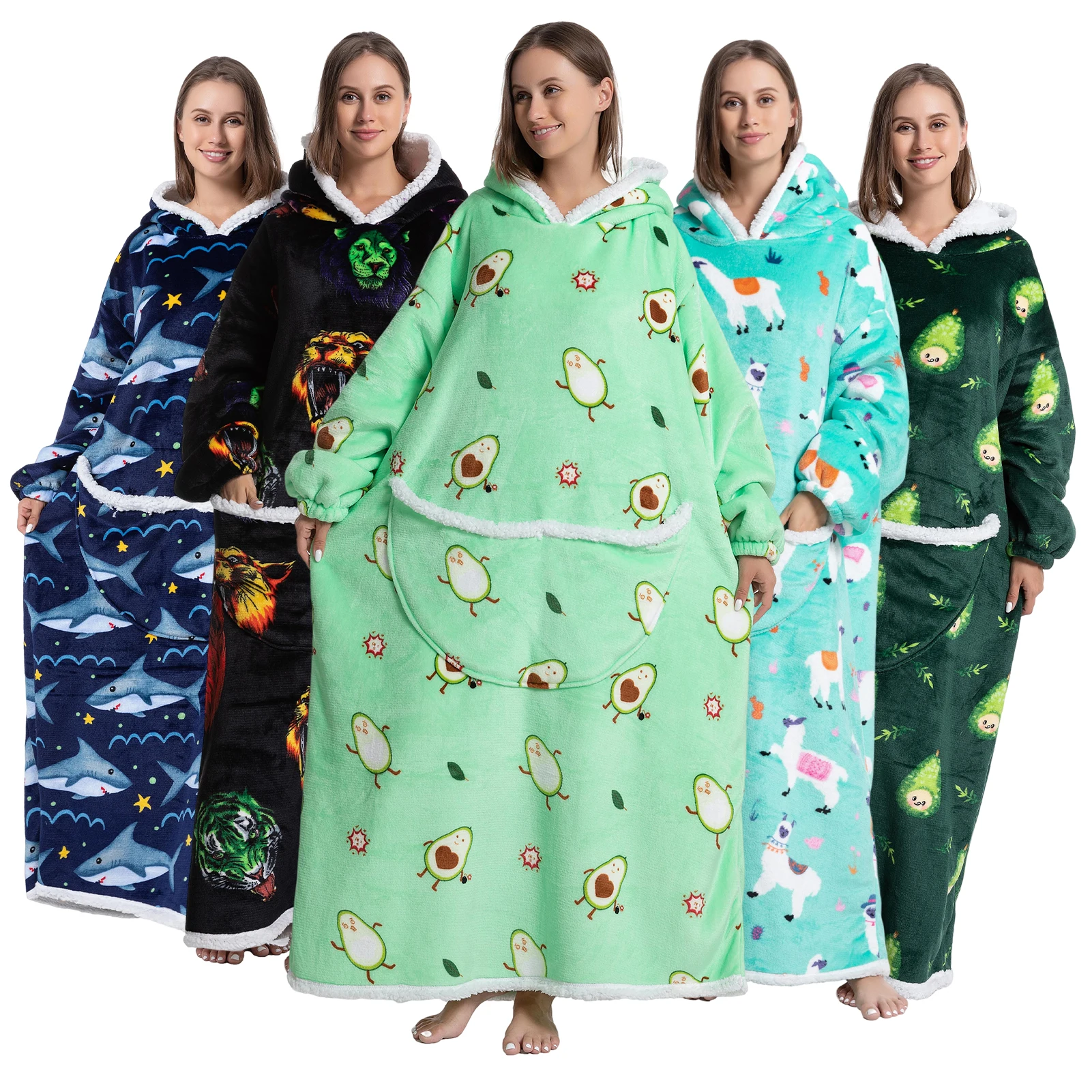 

Blanket Hoodie Robe with Giant Pocket Lamb Lined Design Comfortable Warm Blankets for Man and Woman Cold Weather Sleeping Wear