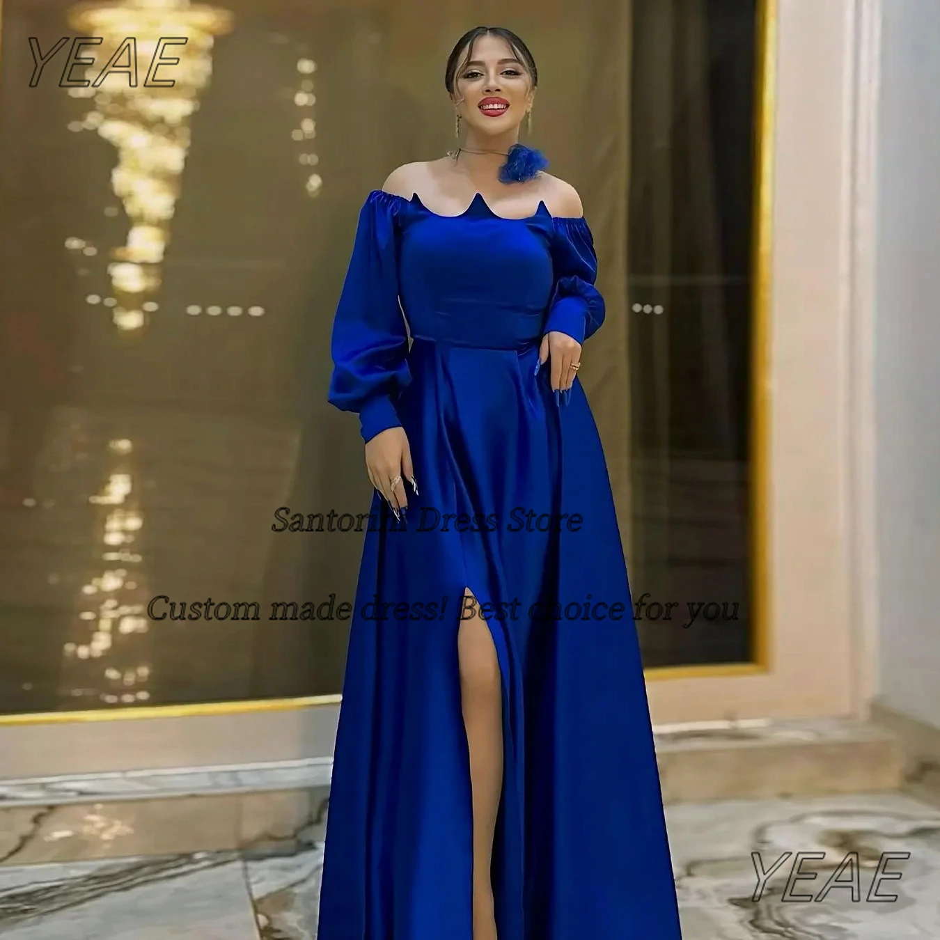 Santorini Royal Blue Prom Dresses Plus Size Women Wear Long Sleeves Evening Gowns Side Slit Sexy Wedding Party Dress