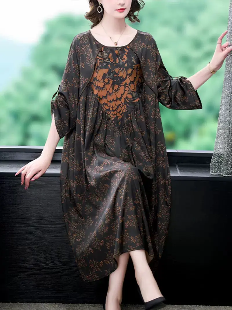 

Женское платье для мам среднего возраста Новинка Лето 2023 просторное шелковое платье большого размера в этническом ретро-стиле Корейская повседневная одежда с принтом Z736