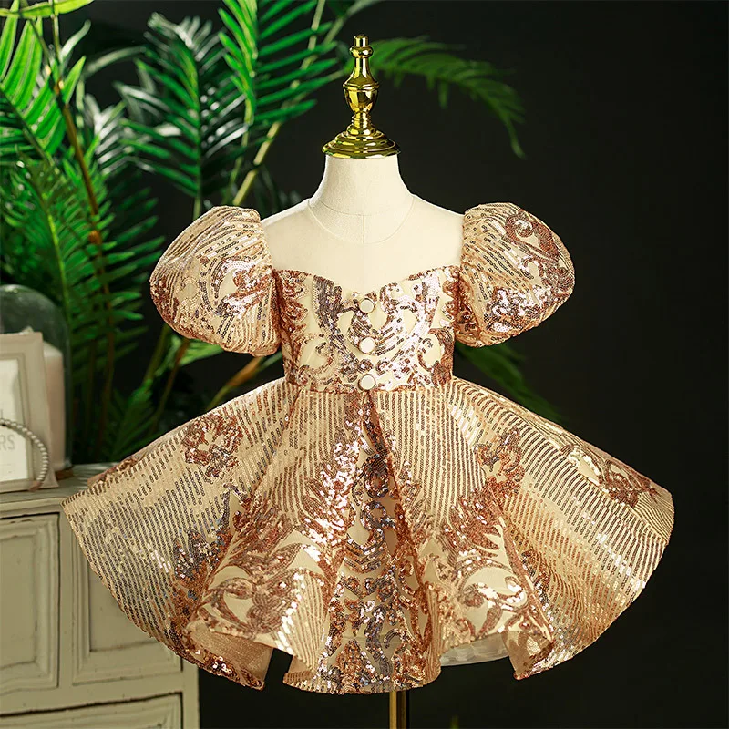 

Child Girls Evening Dresses Champagne Gold Luxury 2023 Birthday Party Gown Sequin Pageant Formal Dress Teen Wedding Prom Frock