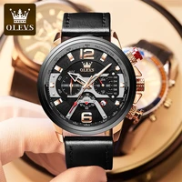 olevs 2022 new mens watches men genuine watch multifunctional luminous waterproof quartz watch black leather strap reloj hombre