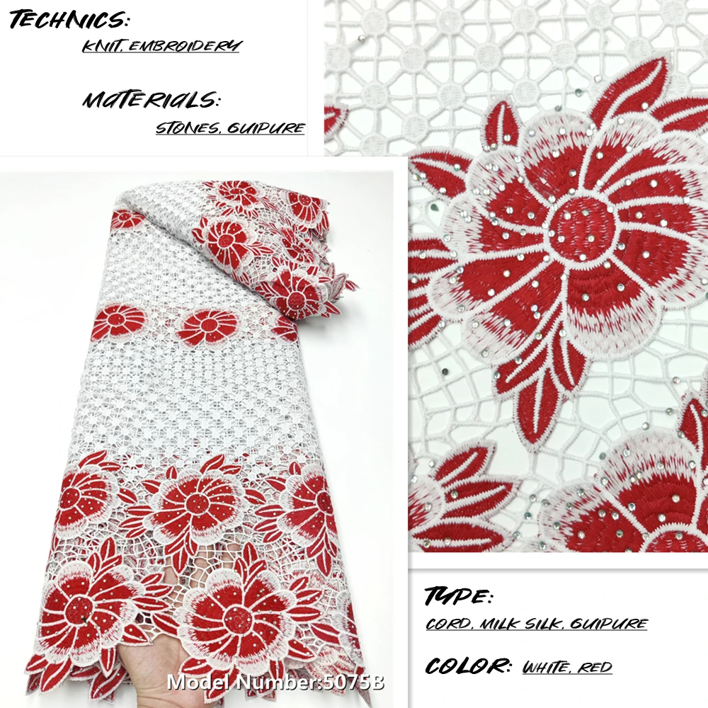 

PGC African Red White Fabric 2022 High Quality Guipure Cord Soft Material Nigerian Water Soluble Lace For Woman Party 5075B