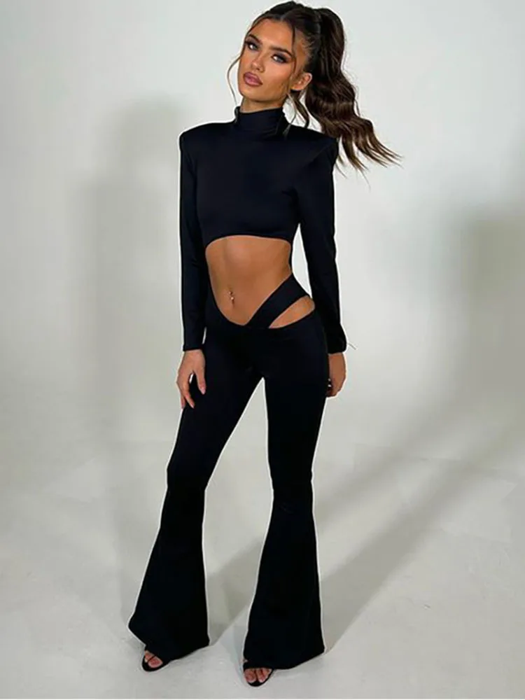 

Apprabant Fashion Jumpsuits Turtleneck Neck Long Sleeve Y2k Open Navel Hollow Out Backless Slim Fitting Flare Pants Jumpsuit