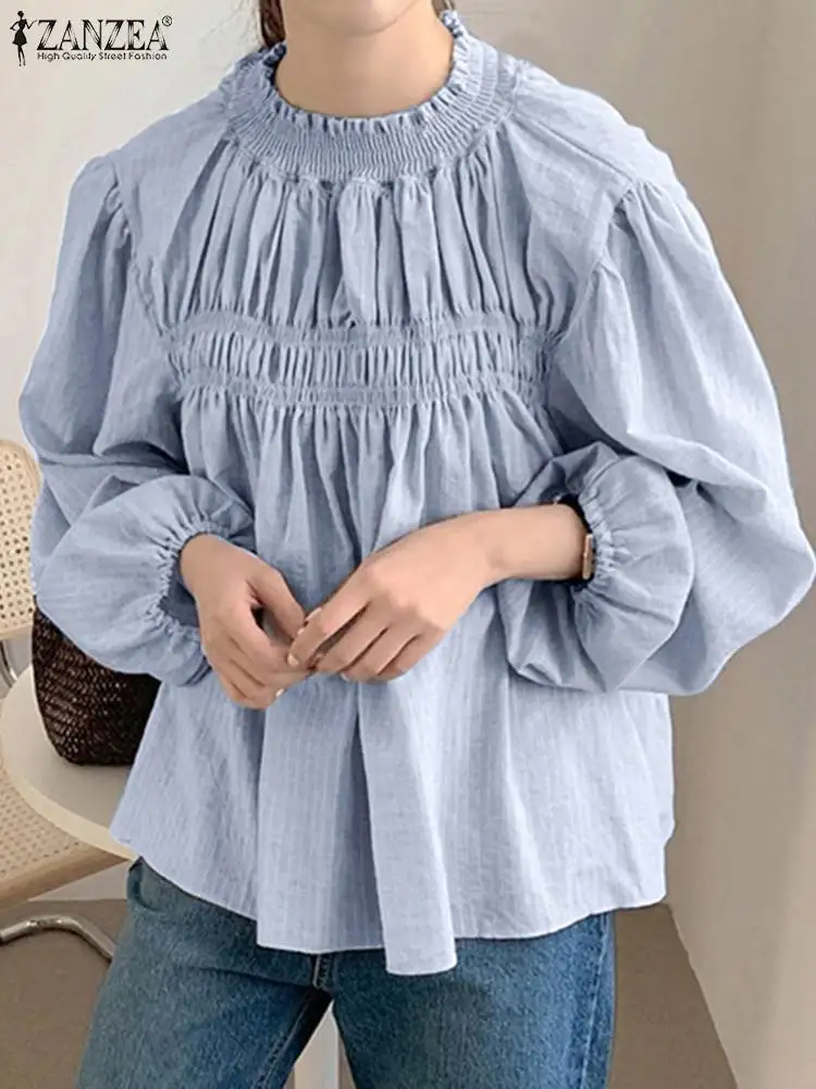 

ZANZEA Puff Full Sleeve O-Neck Stripe Printed Thin Tops Spring Women Baggy Blouse Elegant Fashion Holiday Casual Loose Shirts