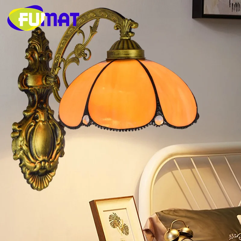 

Витражное стекло FUMAT в стиле Тиффани 8 дюймов, ретро, зеркальная передняя стена, простой Подсолнух, настенная лампа для спальни, кровати, коридора, Декор